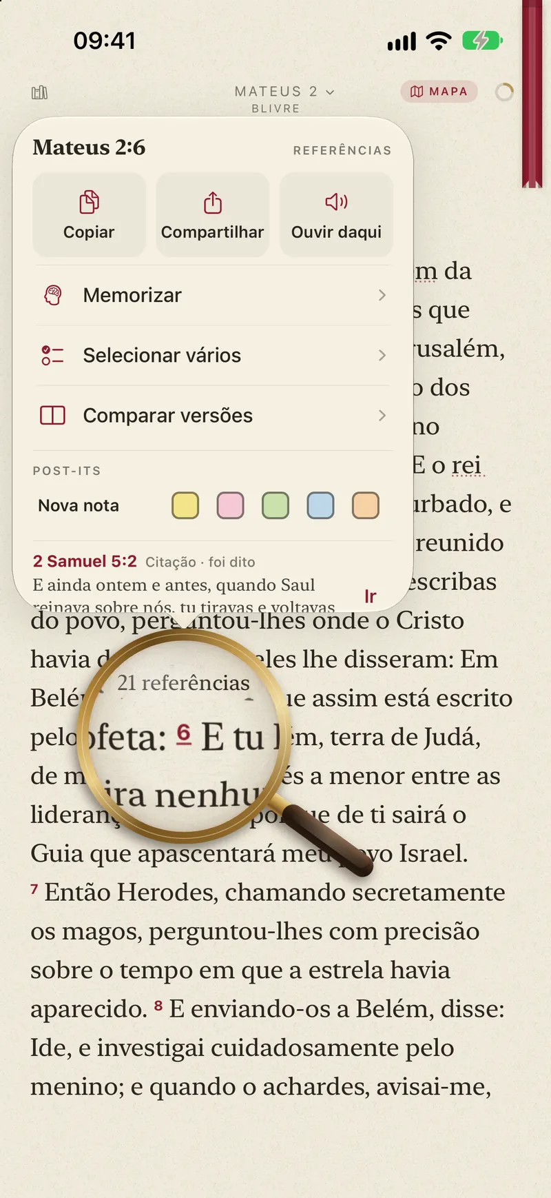 O cartão de Mateus 2:6, com Copiar, Compartilhar, Ouvir daqui, Memorizar e a passagem do Antigo Testamento que o versículo cita