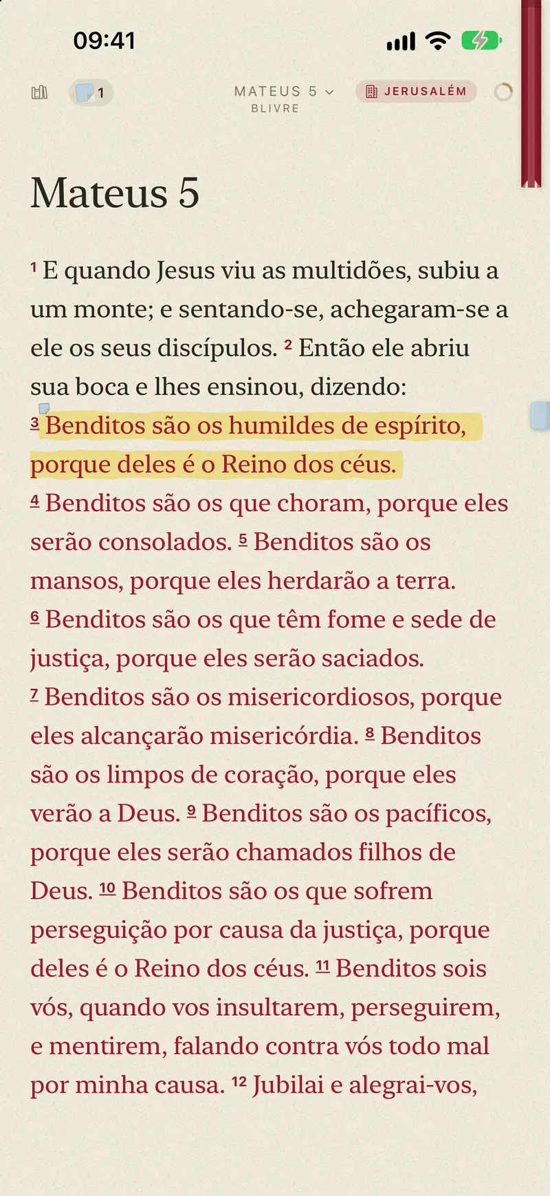 Mateus 5 com as palavras de Jesus em vermelho