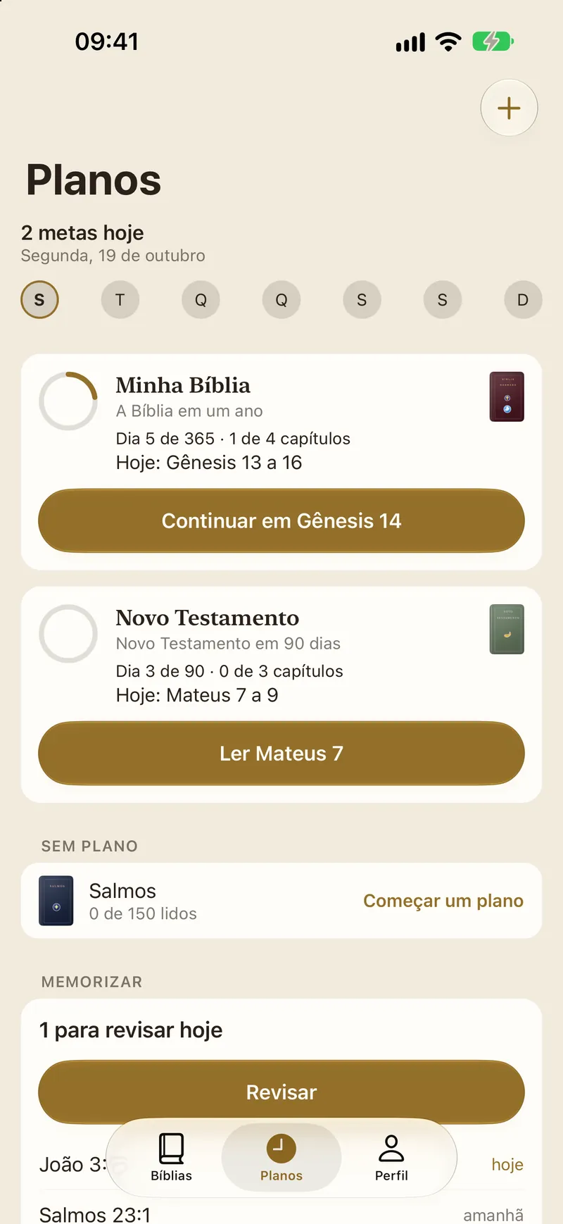 A aba Planos com os cartões de Hoje e o anel do dia