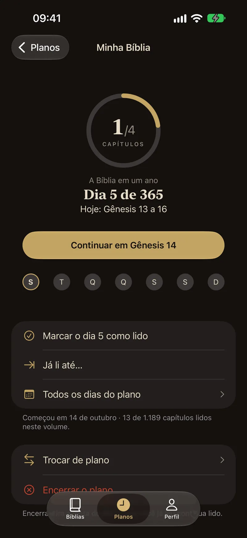 O plano A Bíblia em um ano, com os dias e o anel; um dia concluído em dourado