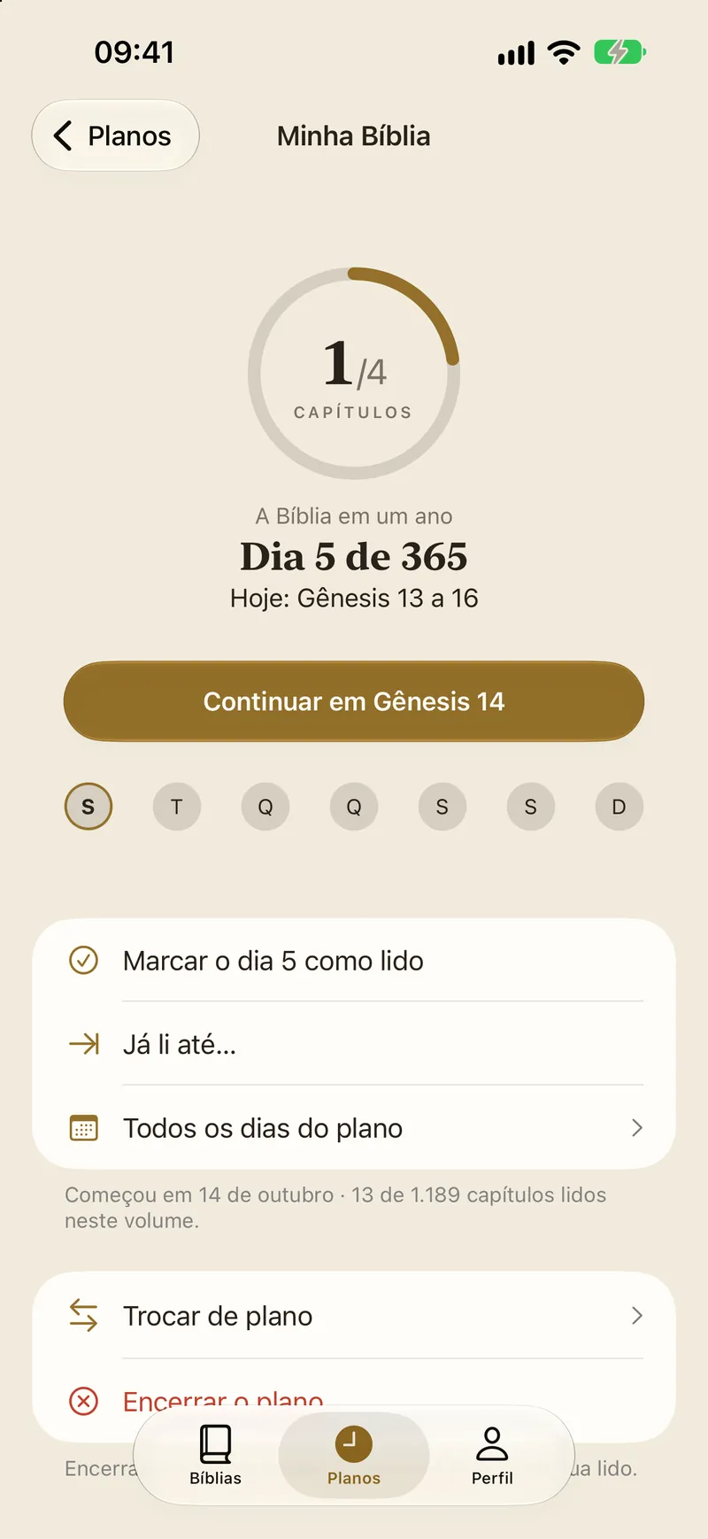 O plano A Bíblia em um ano, com os dias e o anel; um dia concluído em dourado