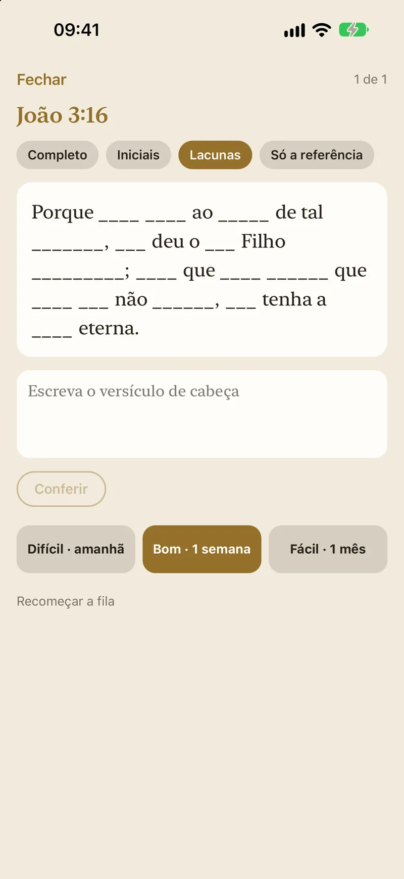 Memorizar João 3:16, praticando por palavras