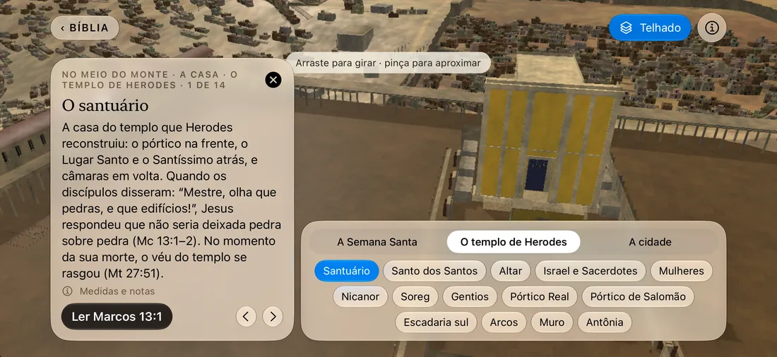 Jerusalém nos dias de Jesus em 3D, sobre o terreno real, com o Monte do Templo ao centro